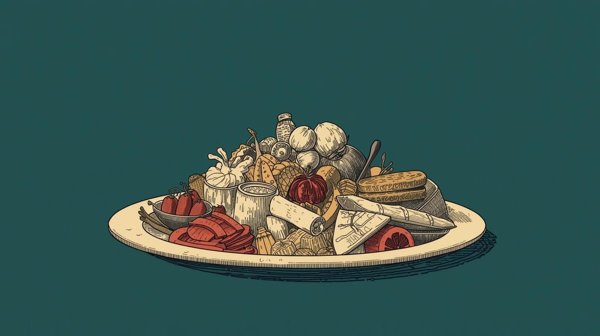 A richly illustrated platter overflowing with assorted cheeses, meats, and vegetables, set against a dark green background—an artful celebration of culinary abundance and temptation.