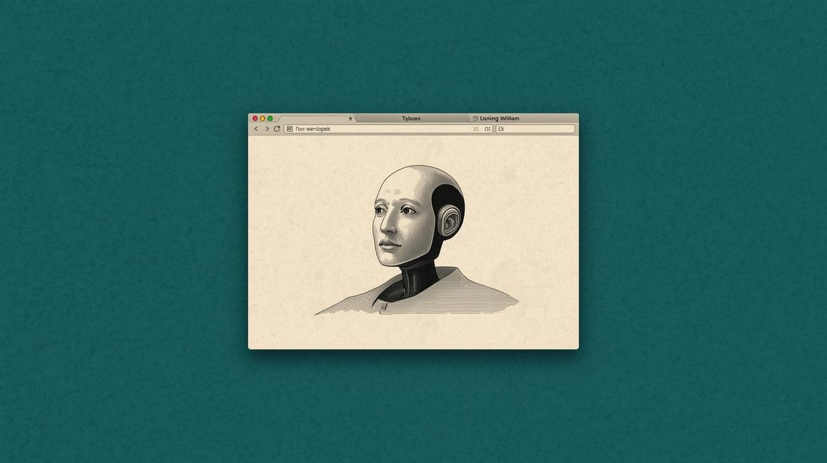 Browser window displaying a bust of a person with their face obscured by a gray square, merging digital interface and classical portrait, on a dark green background.